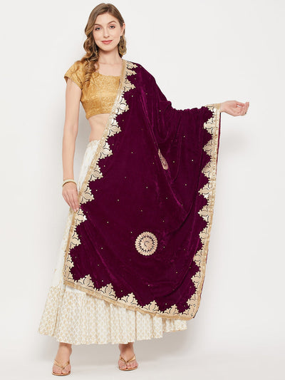 Wine Gotta Patti Velvet Dupatta styled with ethnic attire.
