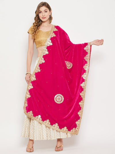 Magenta Gotta Patti velvet dupatta styled elegantly with ethnic attire.