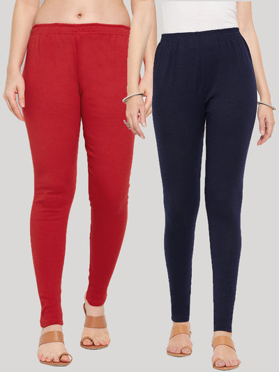 Red and navy blue solid woolen leggings pack of two.