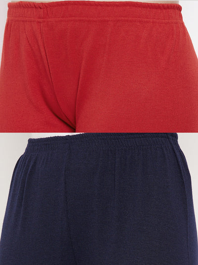Clora Red & Navy Blue Solid Woolen Leggings (Pack Of 2)
