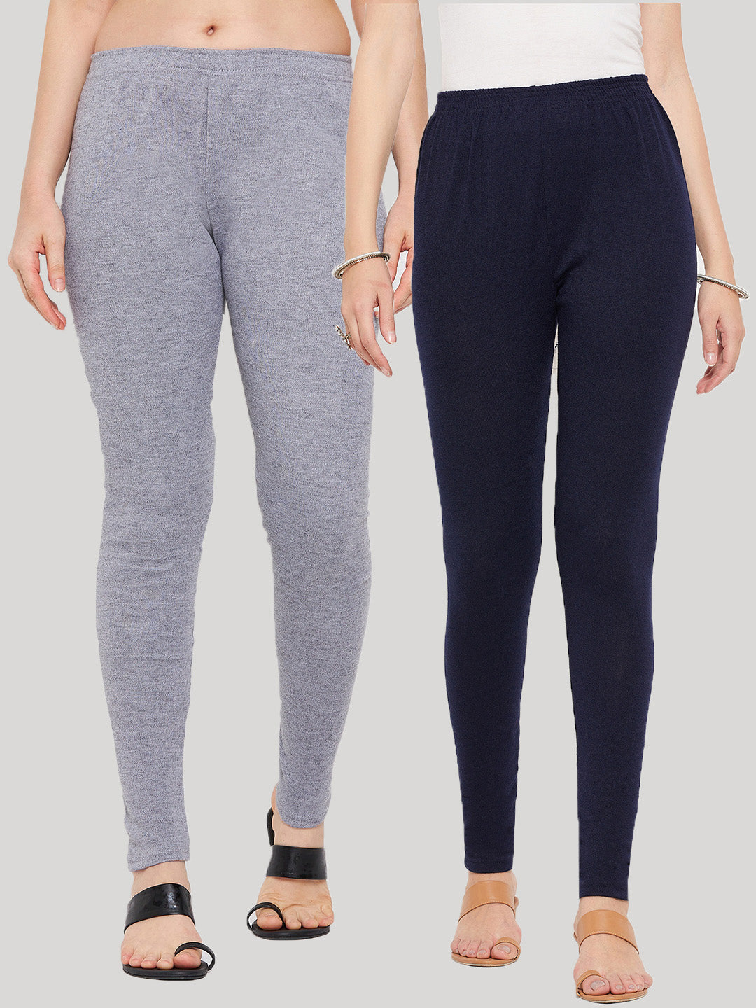 Clora Grey & Navy Blue Solid Woolen Leggings (Pack Of 2)
