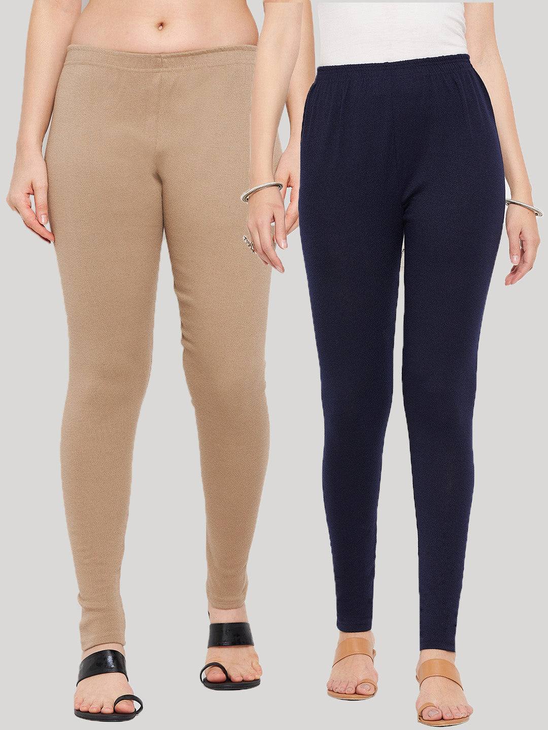Clora Dark Fawn & Navy Blue Solid Woolen Leggings (Pack Of 2)