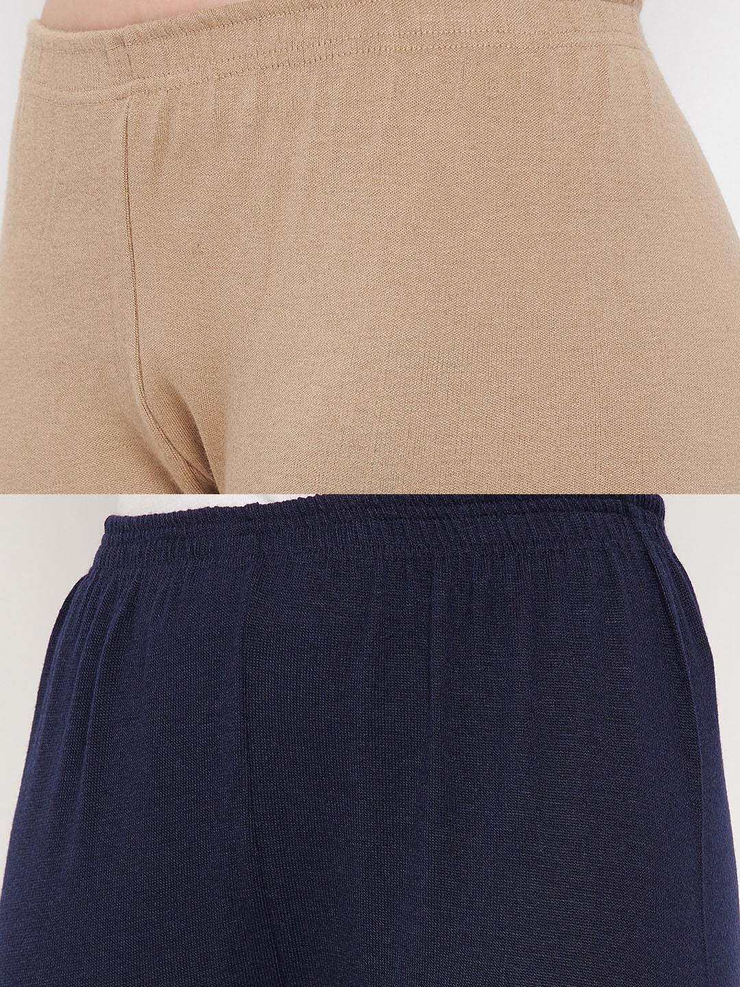 Clora Dark Fawn & Navy Blue Solid Woolen Leggings (Pack Of 2)