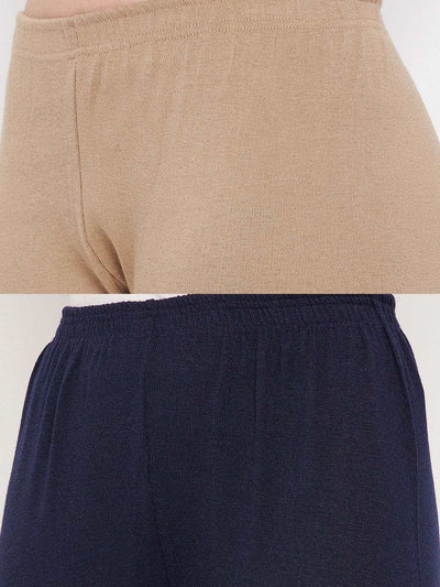 Clora Dark Fawn & Navy Blue Solid Woolen Leggings (Pack Of 2)