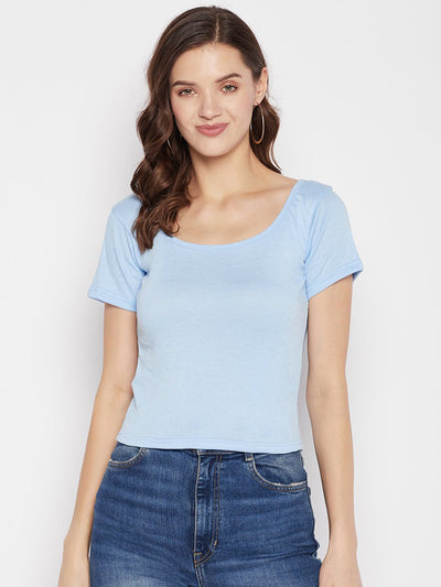 Sky Blue Solid Regular Fit Crop Top with round neck and cap sleeves.