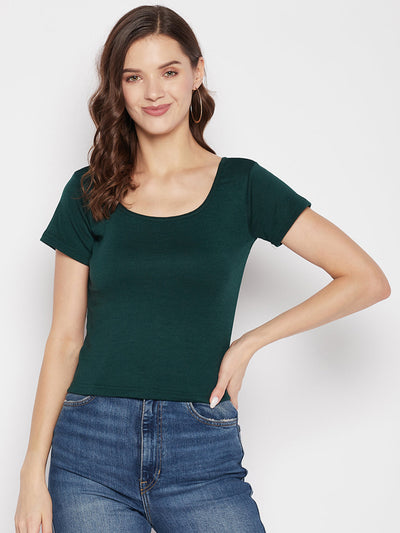 Clora Bottle Green Solid Regular Fit Crop Top