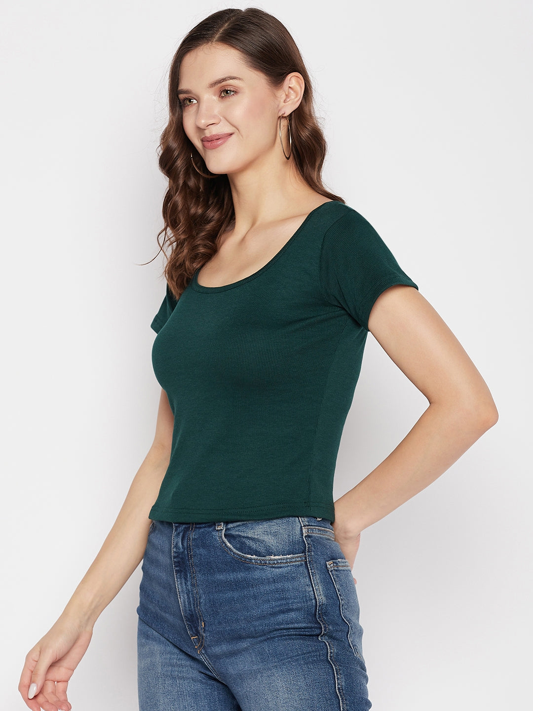 Clora Bottle Green Solid Regular Fit Crop Top