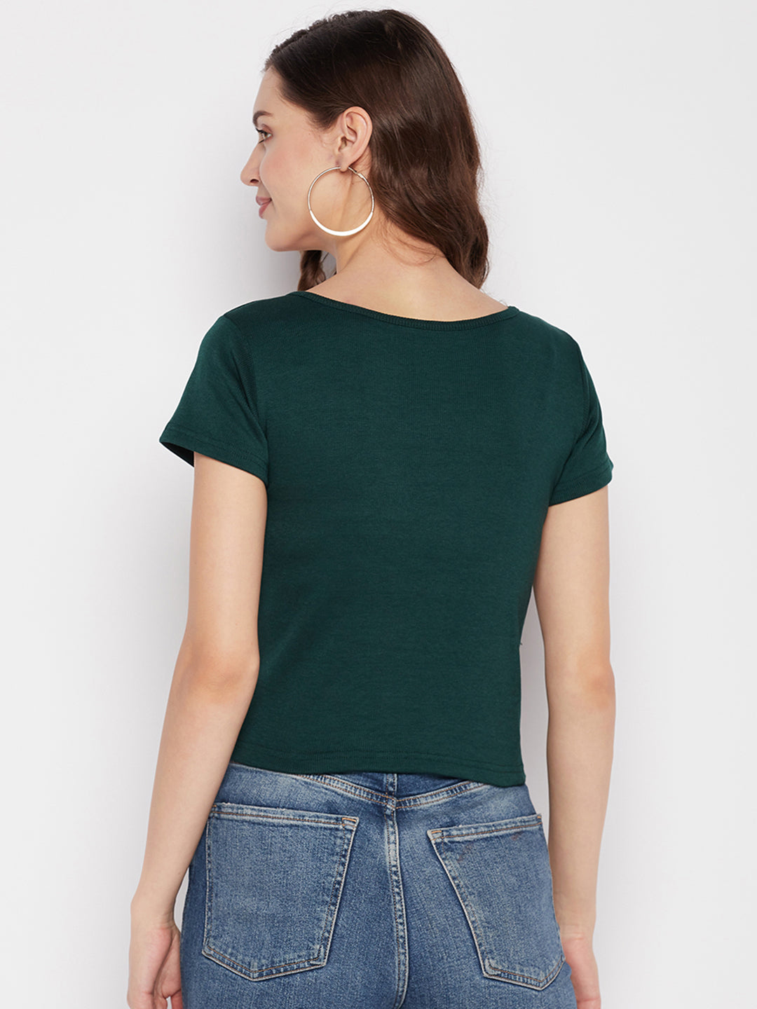 Clora Bottle Green Solid Regular Fit Crop Top