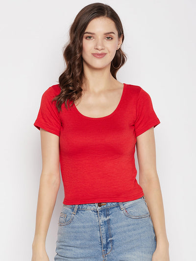 Clora Red Solid Regular Fit Crop Top