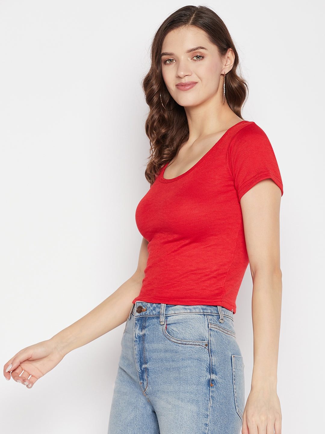 Clora Red Solid Regular Fit Crop Top
