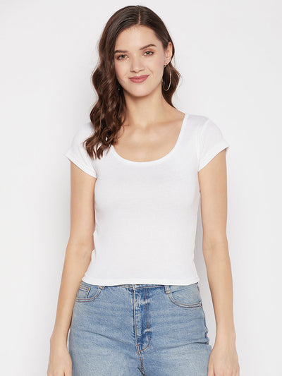 Clora White Solid Regular Fit Crop Top