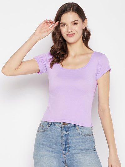 Mauve Solid Regular Fit Crop Top, round neck, cap sleeves, casual wear.