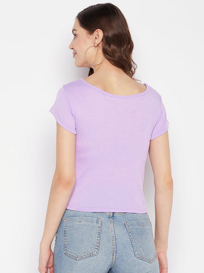 Mauve solid regular fit crop top with round neck and cap sleeves.