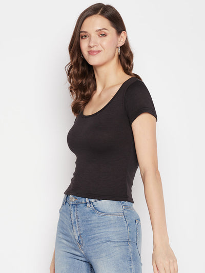 Clora Black Solid Regular Fit Crop Top