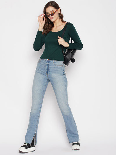 Clora Bottle Green Solid Full Sleeves Crop Top