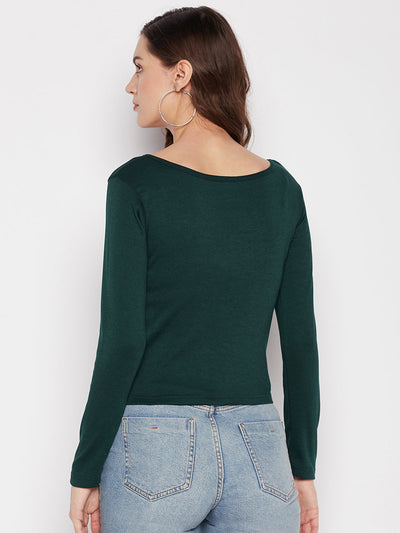 Clora Bottle Green Solid Full Sleeves Crop Top