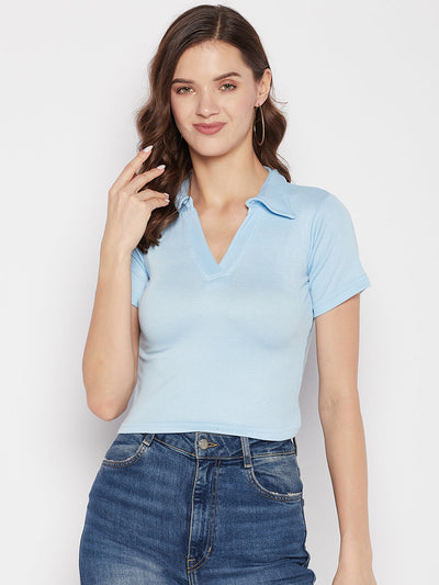 Clora Sky Blue Solid Shirt Collar Crop Top