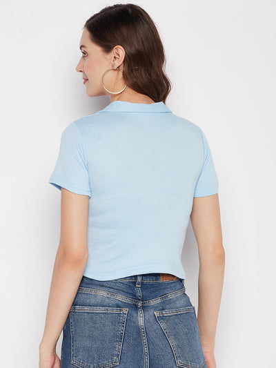 Clora Sky Blue Solid Shirt Collar Crop Top