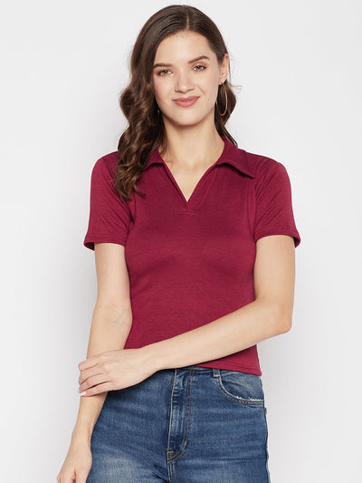 Clora Maroon Solid Shirt Collar Crop Top