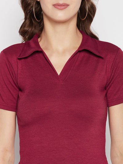 Clora Maroon Solid Shirt Collar Crop Top