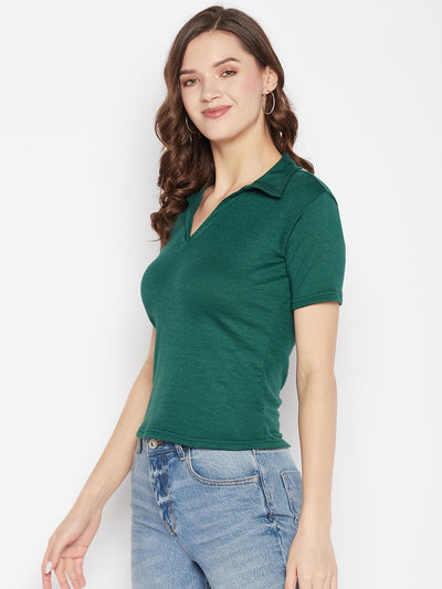 Clora Bottle Green Solid Shirt Collar Crop Top