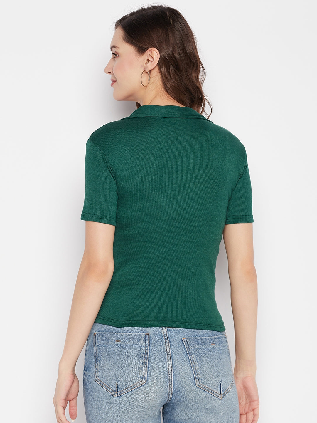 Clora Bottle Green Solid Shirt Collar Crop Top