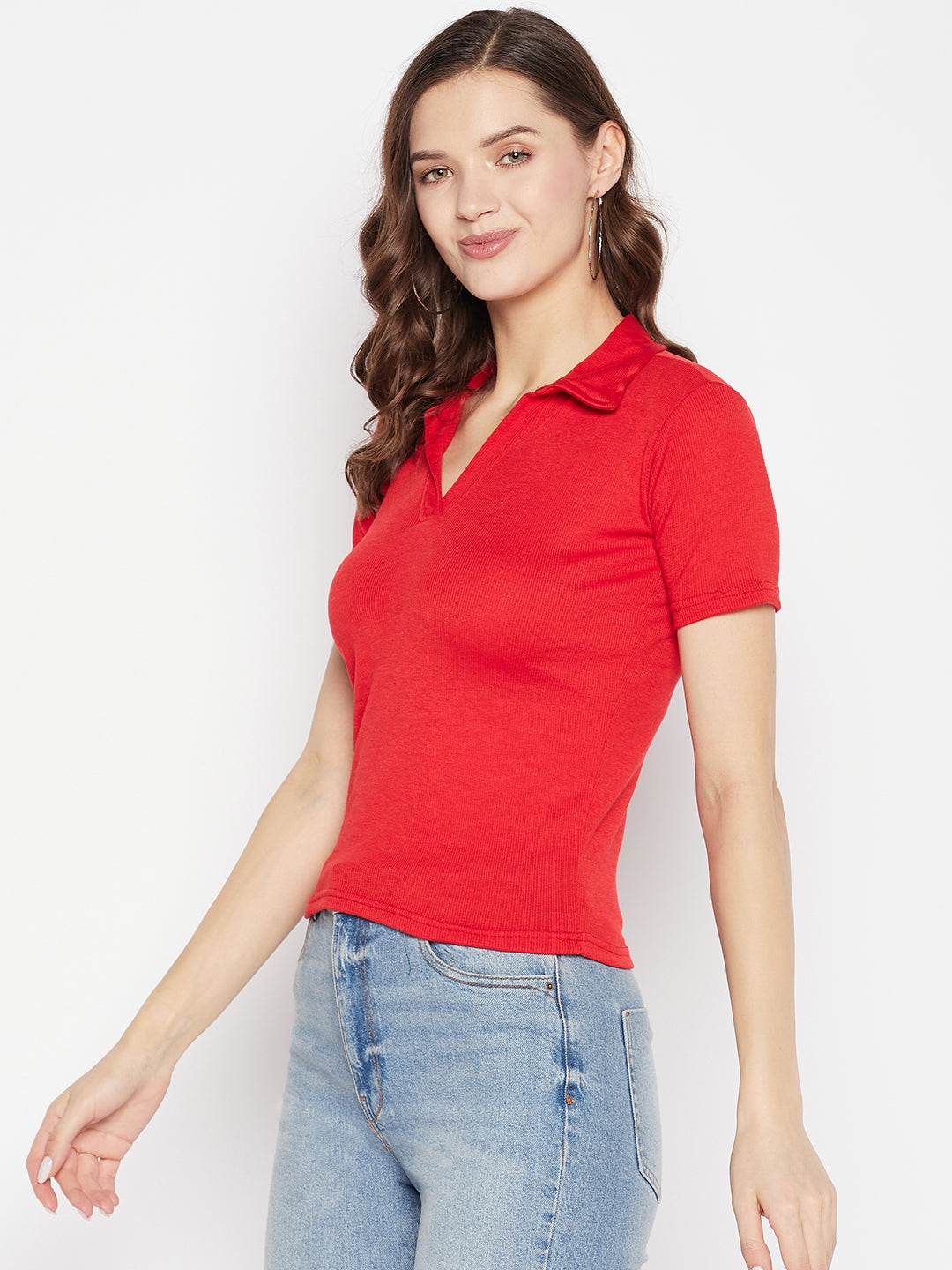 Clora Red Solid Shirt Collar Crop Top