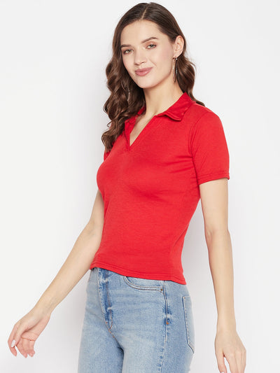 Red solid shirt collar crop top with cap sleeves and casual wear style.