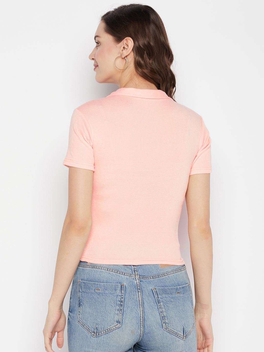 Peach solid shirt collar crop top with cap sleeves.