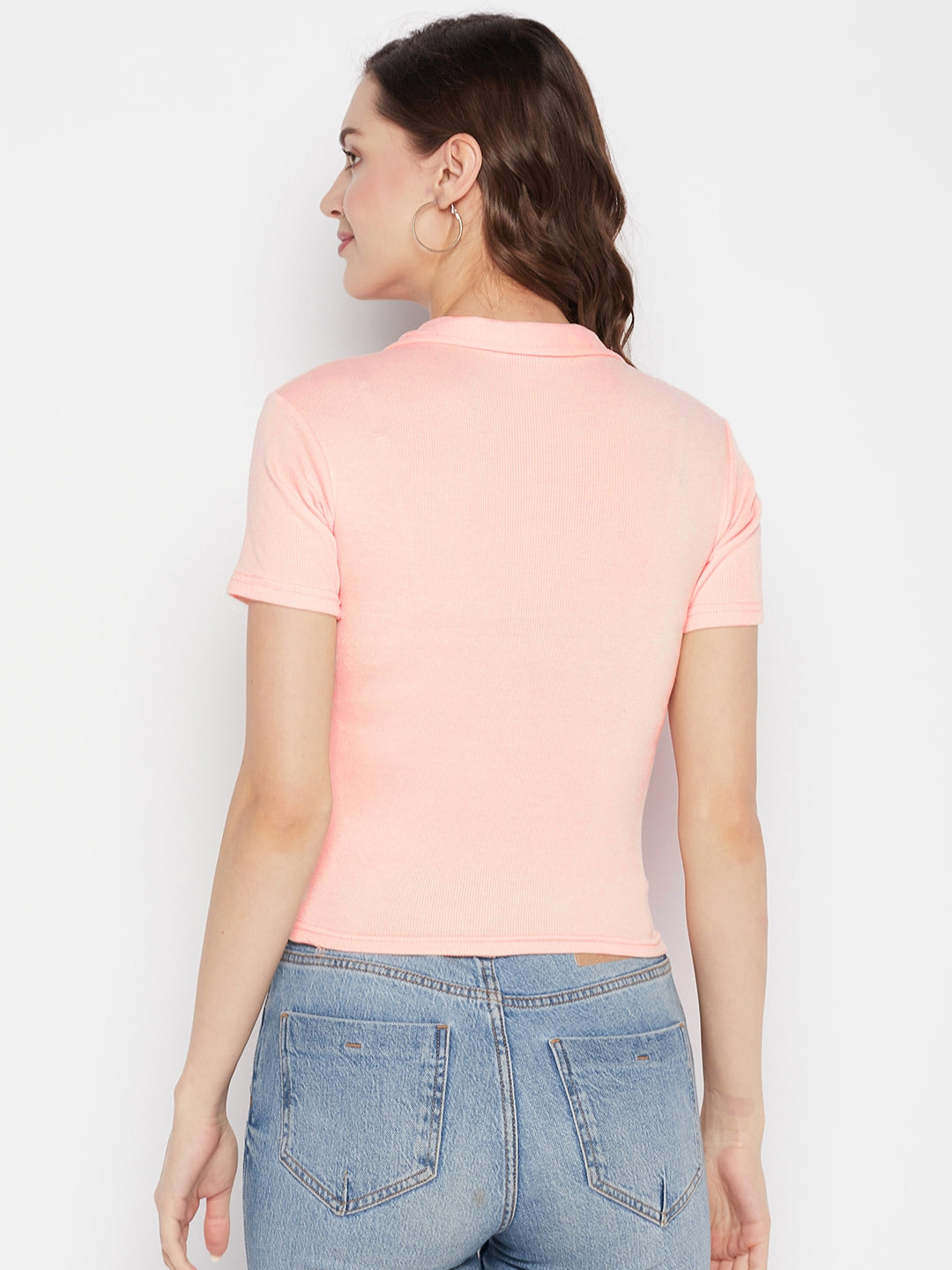 Clora Peach Solid Shirt Collar Crop Top