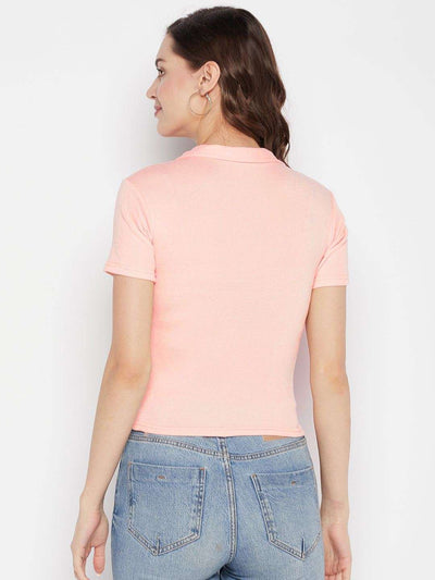 Peach solid shirt collar crop top with cap sleeves.