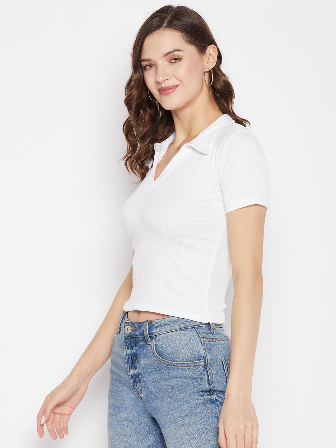 Clora White Solid Shirt Collar Crop Top