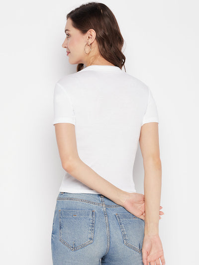 Clora White Solid Shirt Collar Crop Top