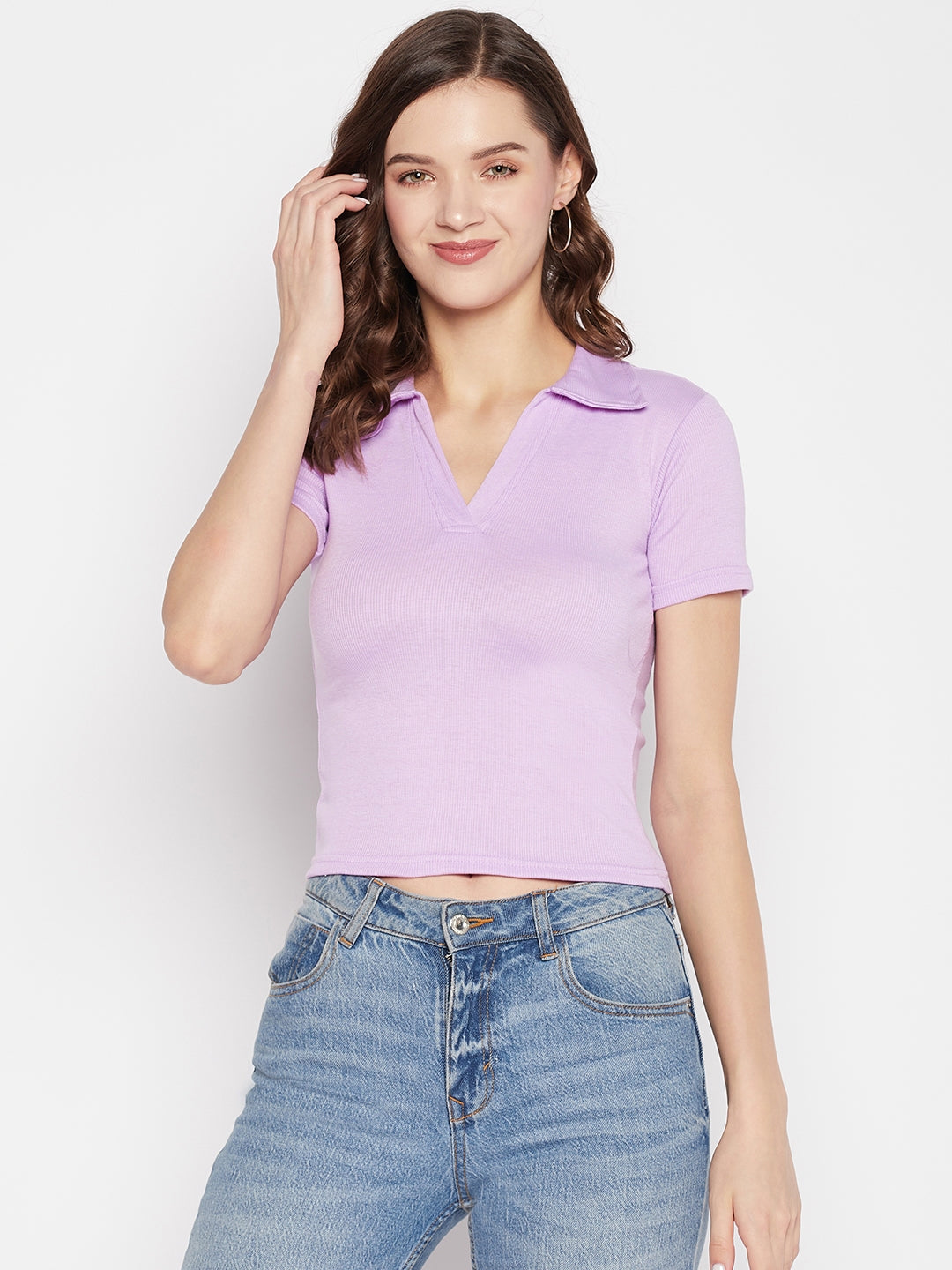 Mauve solid shirt collar crop top with cap sleeves and knitted fabric.