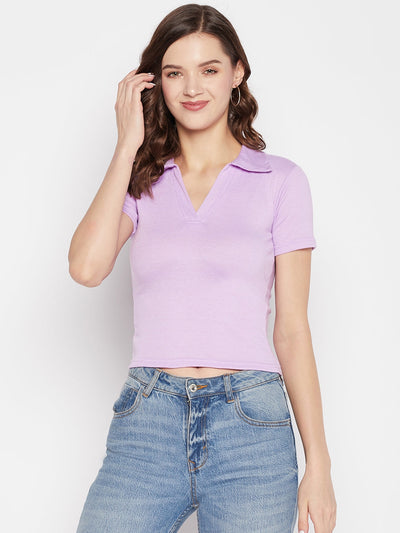 Mauve solid shirt collar crop top with cap sleeves and knitted fabric.