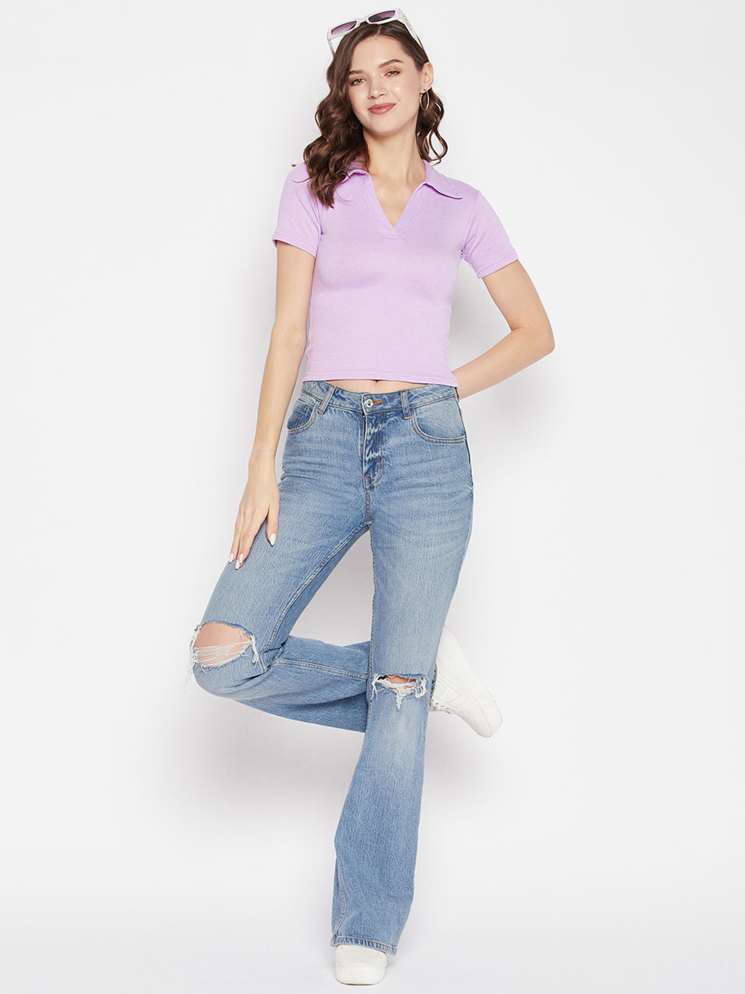 Mauve solid shirt collar crop top with cap sleeves and casual style.