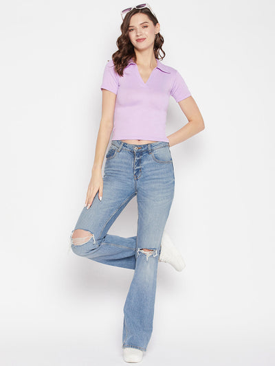 Mauve solid shirt collar crop top with cap sleeves and casual style.