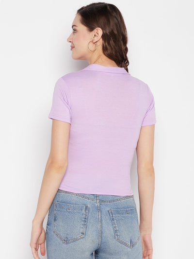 Mauve solid shirt collar crop top with cap sleeves, casual wear.