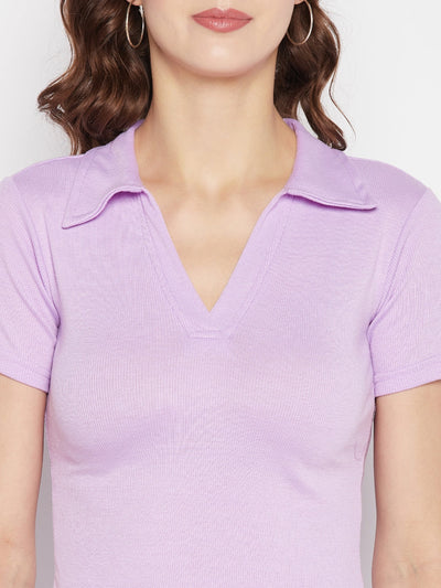 Clora Mauve Solid Shirt Collar Crop Top