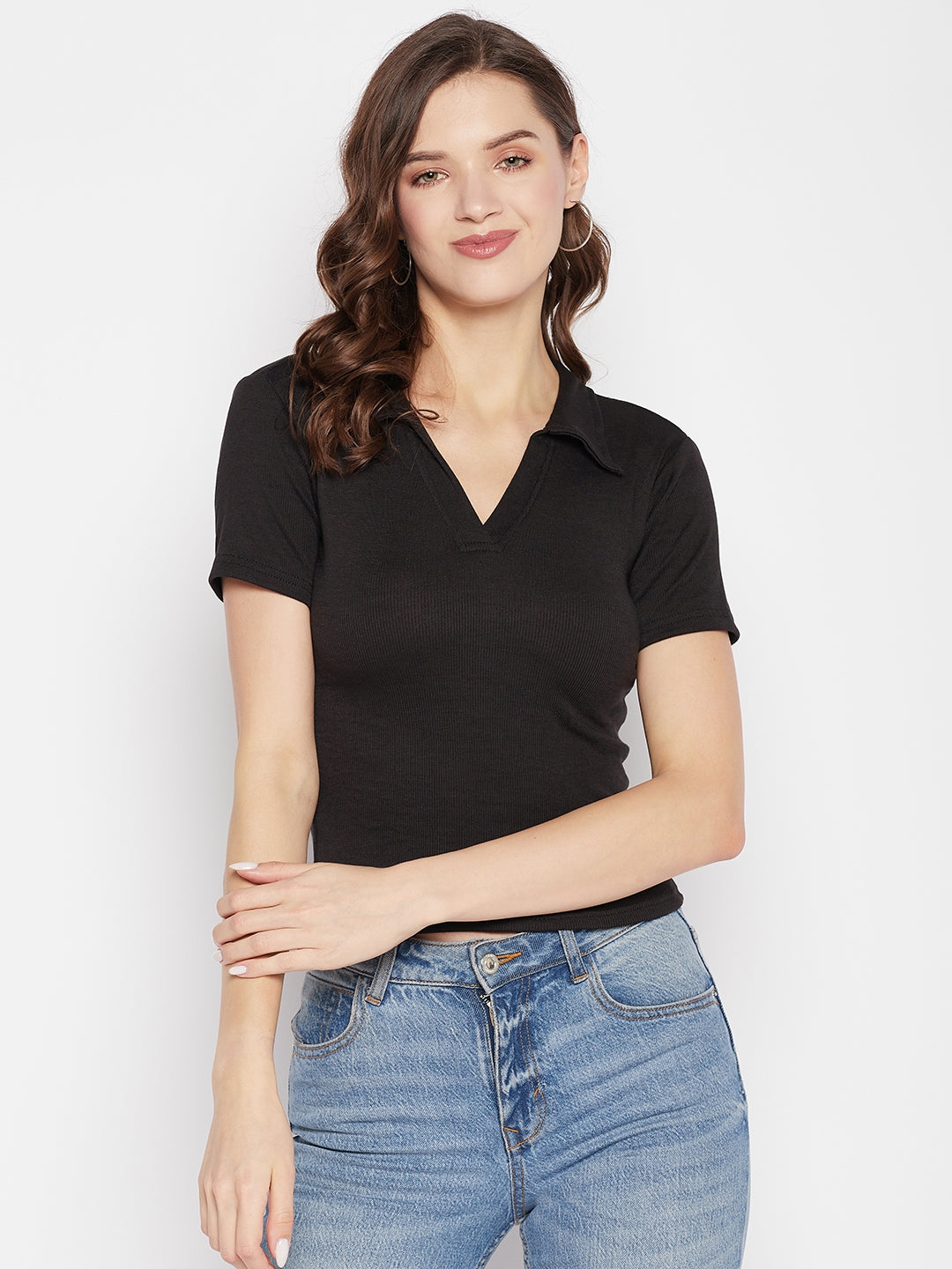 Clora Black Solid Shirt Collar Crop Top