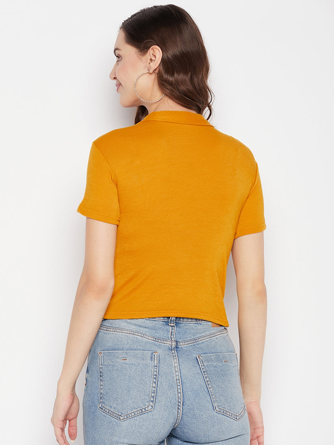 Clora Mustard Solid Shirt Collar Crop Top