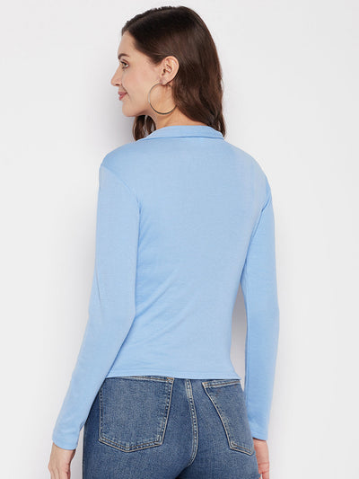 Sky Blue Solid Full Sleeves Crop Top with Shirt Collar and Knitted Fabric
