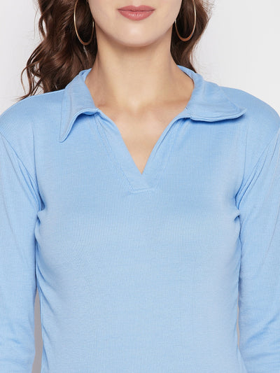 Sky Blue Solid Full Sleeves Crop Top with Shirt Collar and Casual Knitted Design.