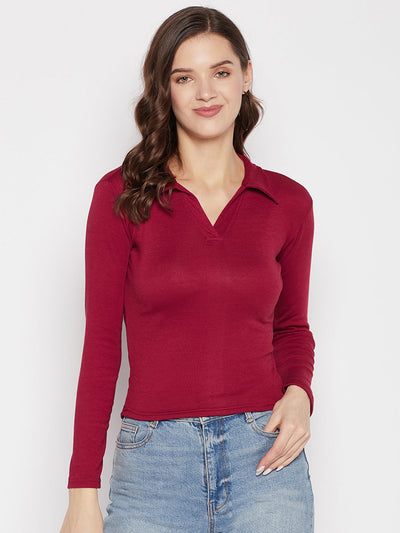 Maroon solid full sleeves crop top with shirt collar and casual style.