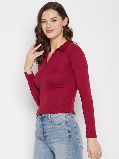 Maroon solid full sleeves crop top with shirt collar and casual design.
