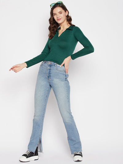 Bottle Green Solid Full Sleeves Crop Top with shirt collar and casual fit.