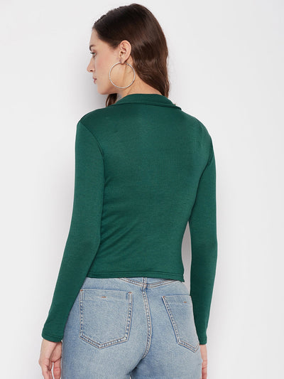 Bottle Green Solid Full Sleeves Crop Top with shirt collar, casual wear.