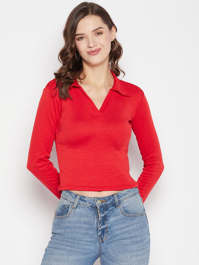 Red solid full sleeves crop top with shirt collar.