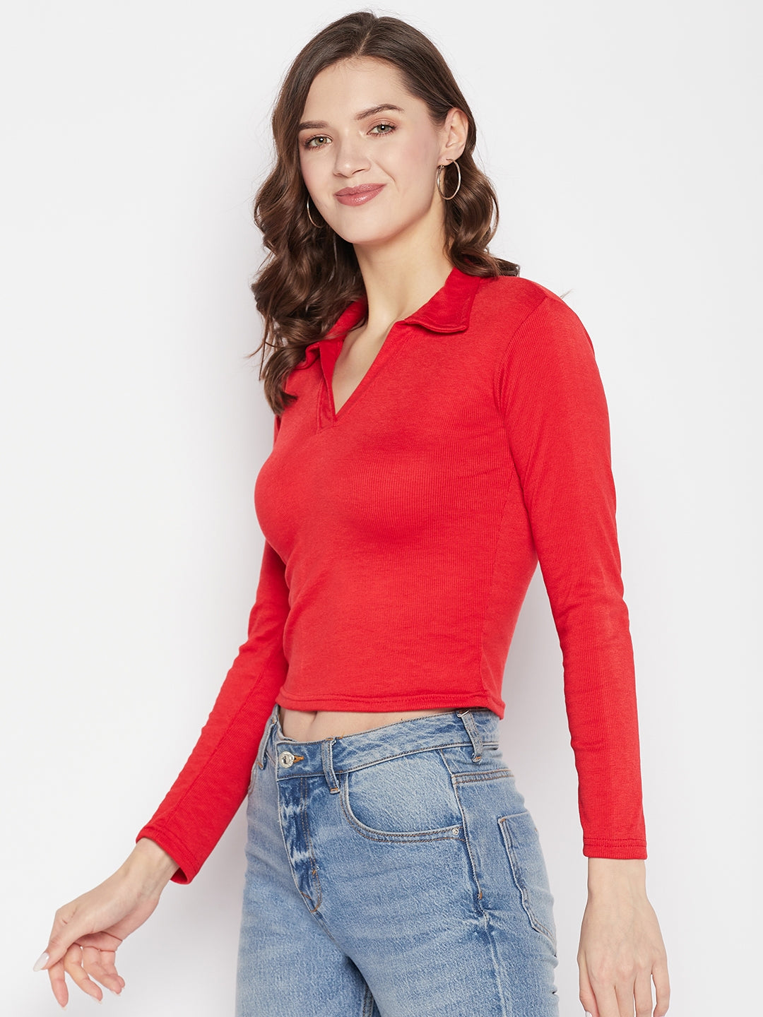 Red solid full sleeves crop top with shirt collar and casual design.