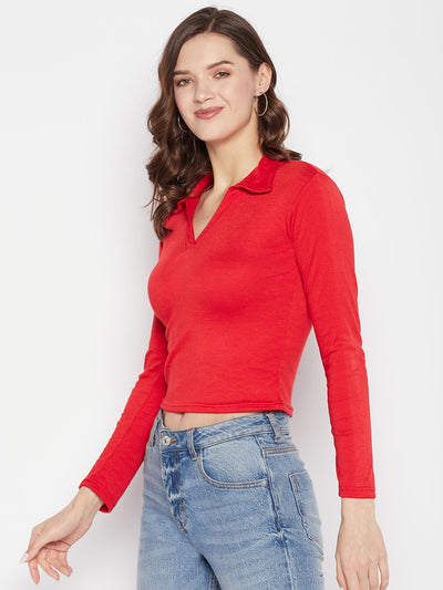 Red solid full sleeves crop top with shirt collar and casual design.